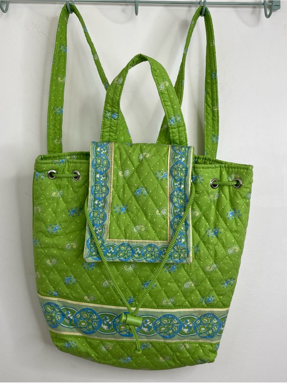 Americana by Sharif Backpack Tote Quilted Fabric Bag Green Paisley 13x12 Inches